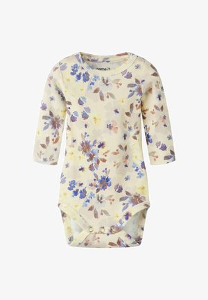 Babystrampler met lange mouwen en drukknoopsluiting, met een crèmekleurige achtergrond en een bloemmotief in blauw-, bruin- en geeltonen.
