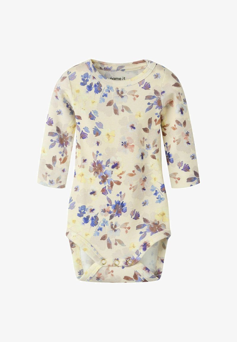 Βρεφικό κορμάκι με μακριά μανίκια και κουμπώματα, με εκρού φόντο και φλοράλ σχέδιο σε μπλε, καφέ και κίτρινους τόνους.