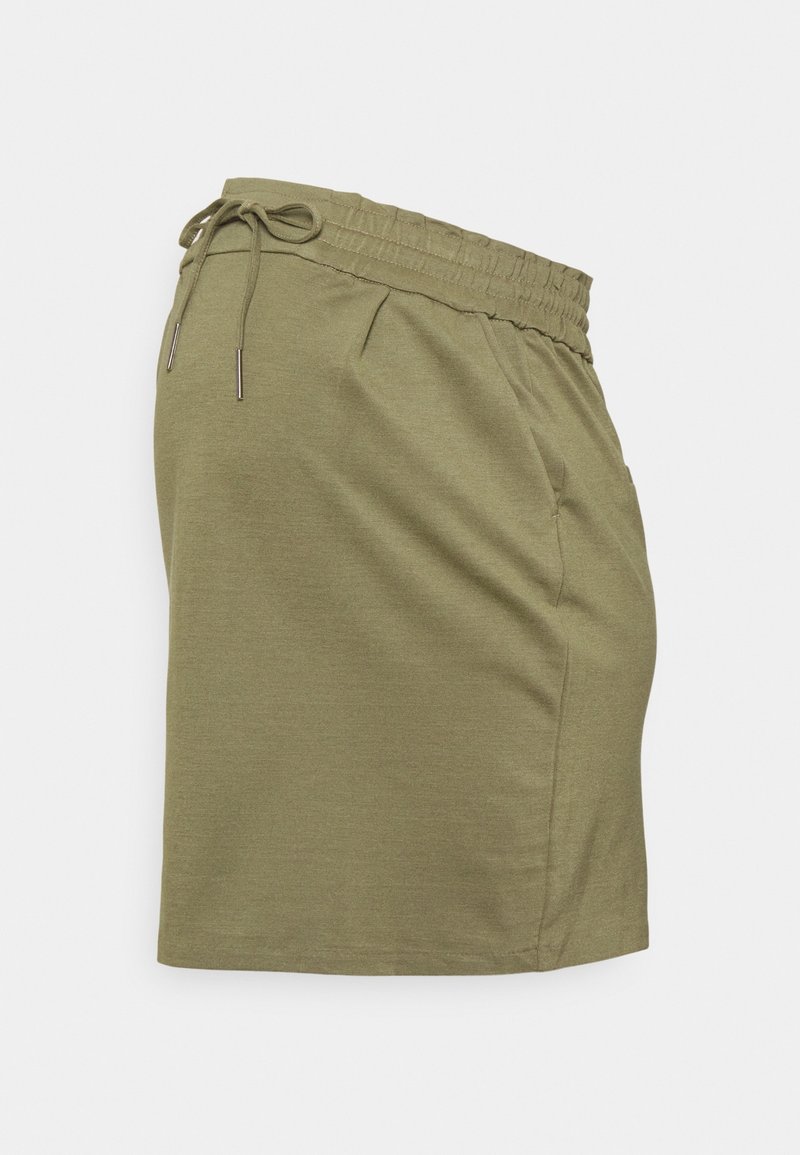 Jupe longueur genou vert olive avec taille élastique et cordon, avec poches latérales et coupe décontractée.