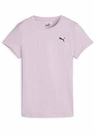 Hellviolettes Puma-T-Shirt mit kurzen Ärmeln, Rundhalsausschnitt und kleinem schwarzem Puma-Logo auf der linken Brust.
