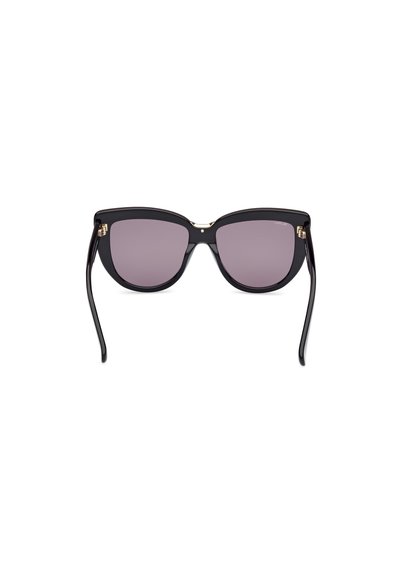 Gafas de sol negras con forma de ojo de gato, lentes de un púrpura oscuro y patillas negras elegantes. Accentos dorados cerca de las bisagras. Material plástico brillante.