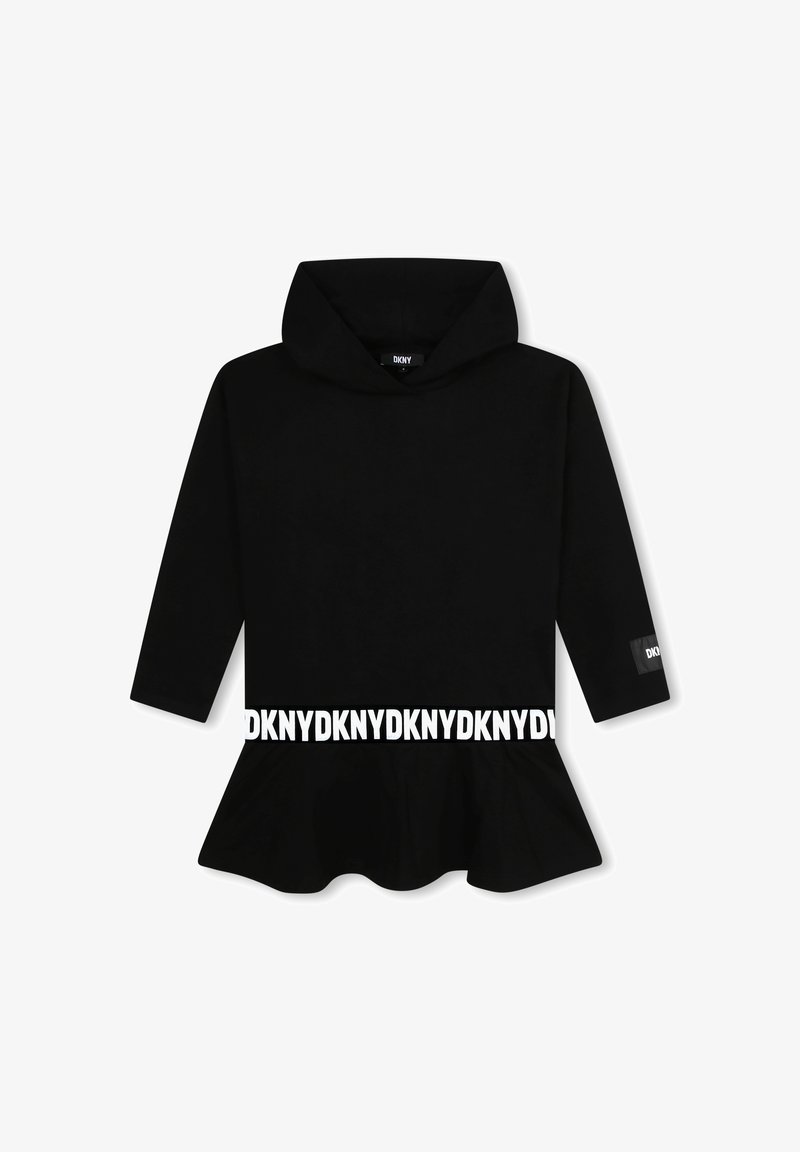 Czarna bluza z kapturem o fasonie peplum, z długimi rękawami i białą taśmą z logo DKNY w talii. Wykonana z gładkiego materiału, z kapturem przy dekolcie.