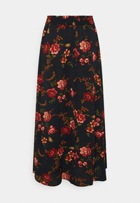Jupe longue noire avec motif floral rouge et orange et une ceinture élastique.