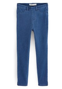 Leggings de mezclilla en azul oscuro, diseño ajustado, con bolsillos frontales tradicionales y lazos para cinturón. Textura suave con mínimos detalles de costura.