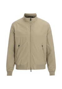Giacca bomber leggera beige con colletto alto, chiusura con zip e due tasche laterali. Presenta polsini e orlo a costine per una vestibilità strutturata.