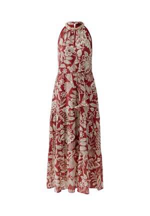 Sleeveless halter neck maxi dress with red background and off-white floral and leaf print, cinched waist, and flowing skirt.