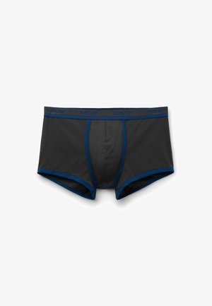 Grå boxershorts med blå accenter, med en blød elastisk taljebånd og en frontpung. Glat tekstur, tætsiddende design og uden synlige mønstre.