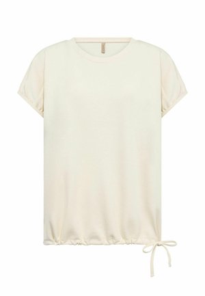 Bluză crem cu mâneci scurte, decolteu rotund și tiv cu șnur ajustabil legat într-un arc pe partea dreaptă.