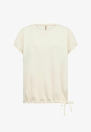 Lühikeste varrukatega kreemjas pluus ümmarguse kaelusega ja reguleeritava nöörpaelaga ääreosa, mis on paremal küljel risti seotud.