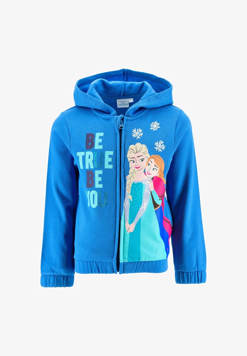 Blue zip-up hoodie made of soft material featuring graphic of two female characters with text "BE TRUE BE YOU" and snowflake designs.