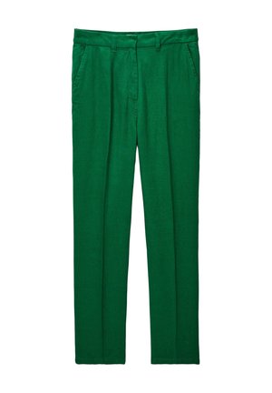 Pantalons en lin vert avec une coupe droite, dotés de poches avant, d'une taille plate et d'une texture lisse.