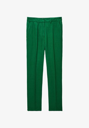 Pantalons en lin vert avec une coupe droite, dotés de poches avant, d'une taille plate et d'une texture lisse.