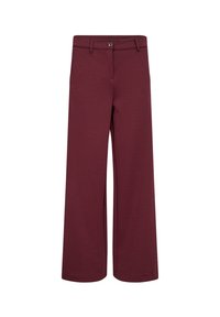 Pantaloni a gamba larga bordeaux realizzati in morbido tessuto, con chiusura a bottone, passanti per cintura e una texture liscia senza motivi visibili.