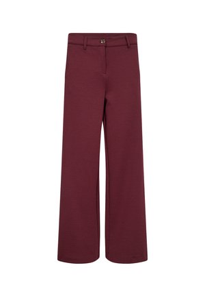 Burgunderfarbene weit geschnittene Hose aus weichem Stoff, mit Knopfverschluss, Gürtelschlaufen und einer glatten Textur ohne sichtbare Muster.