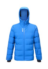 Blaue isolierte Pufferjacke mit hohem Kragen, Frontreißverschluss und verstellbarem Kapuze. Verfügt über elastische Bündchen und seitliche Reißverschlusstaschen.