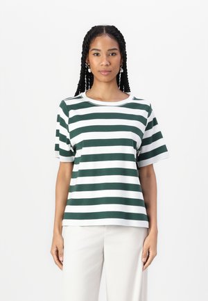 Green and white striped t-shirt with a round neckline and short sleeves, made of soft fabric, featuring a relaxed fit and no visible hardware.