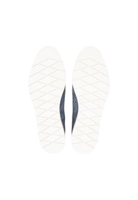 Shoe insoles with a black fabric center and white rubber edges. Textured surface features a diamond pattern for traction.