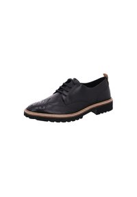 Scarpa da uomo in pelle nera, con design perforato sulla punta, lacci rotondi, suola in gomma e rifiniture marroni lungo il fondo per un contrasto aggiuntivo.