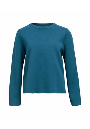 Pull en teal à manches longues avec un col rond, fabriqué à partir d'un matériau doux et lisse. Couplet droit sans motifs ni embellissements.