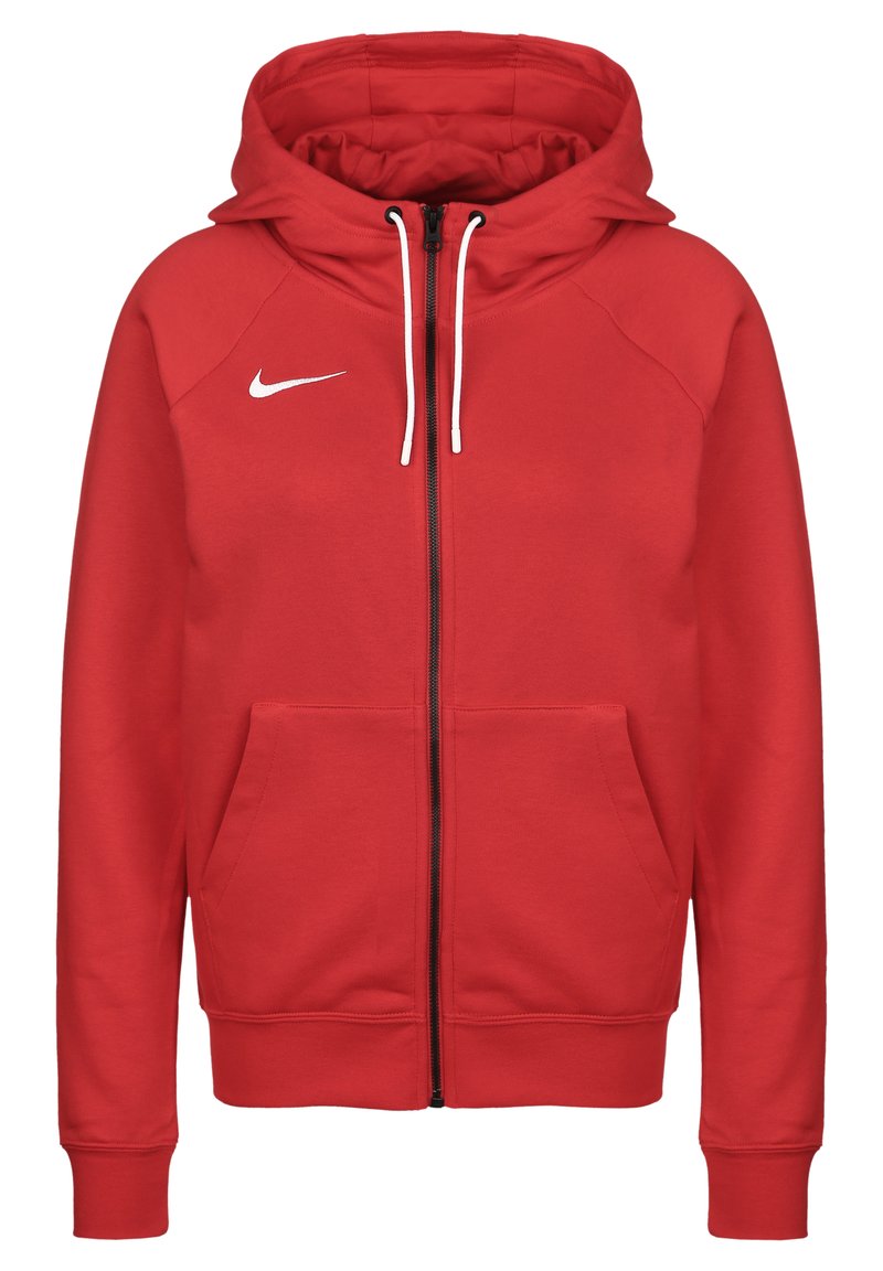 Rode zip-up hoodie gemaakt van zachte stof, met een trekkoordkap, voorzakken, geribbelde manchetten en een wit Nike-logo op de linkerborst.