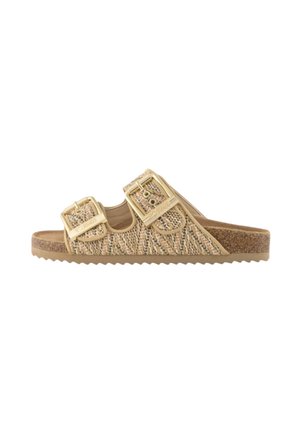 Sandalo beige intrecciato slip-on con due fibbie dorate regolabili e plantare in sughero con suola in gomma scanalata.