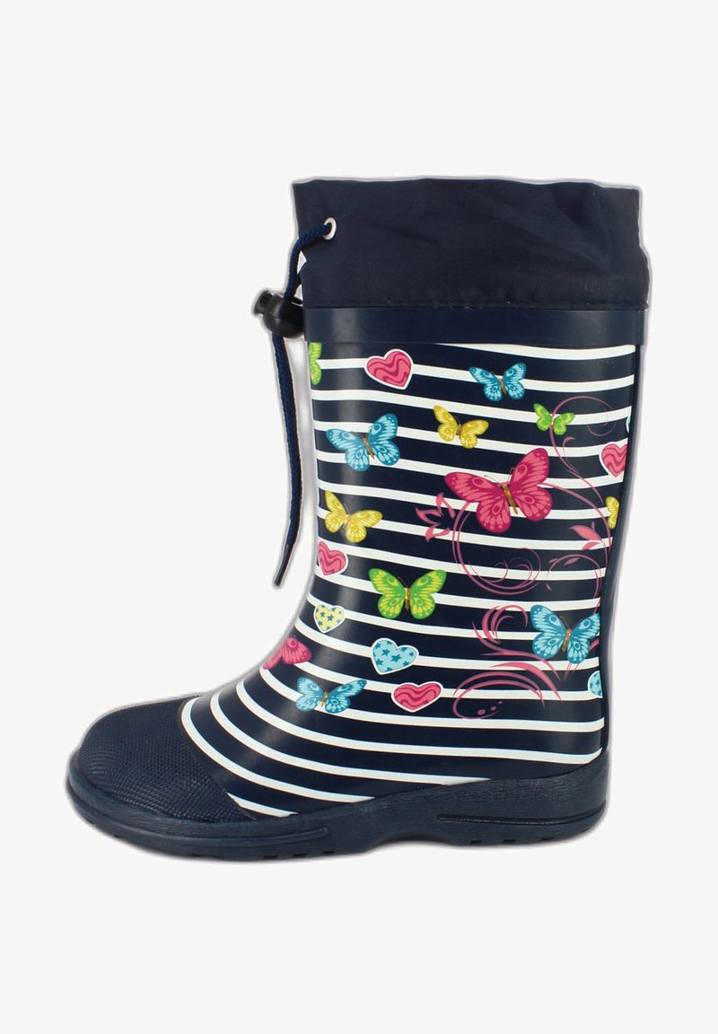 Botte de pluie en caoutchouc bleue avec des rayures blanches et des motifs colorés de papillons et de cœurs, dotée d'une semelle texturée et d'un cordon de serrage ajustable en haut.