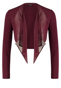 Burgundský krátký kabátek s dlouhými rukávy, který má průsvitný panel vpředu, vytvářející plynulou siluetu a vrstevnatý vzhled.