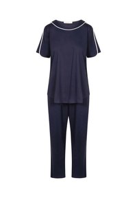 Marineblauwe loungewearset met een kortmouwtop met een ronde halslijn, witte accentstrepen en bijpassende cropped broek. Rekbare stof.