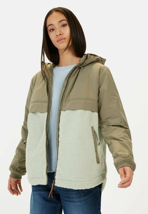 Khaki and mint green jacket featuring a zip front, hood, and textured fleece body, with side pockets and elastic cuffs.