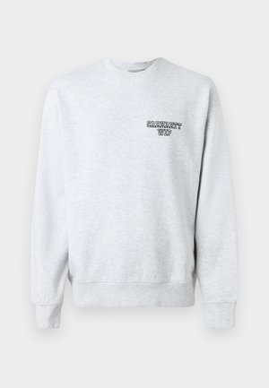 Grey sweatshirt with a crew neck, ribbed cuffs, and hem. Features a small black "Carhartt WIP" logo on the left chest. Cotton blend material.