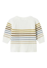 Weißer Strickpullover mit horizontalen Streifen in Braun, Gold und Blau. Rippstruktur und Raglanärmel. Rückansicht angezeigt.