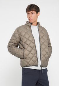 Leichte, gesteppte Jacke in Taupe mit Stehkragen, Reißverschluss und seitlichen Taschen. Mit einer glatten Textur und einem Rautenmuster.