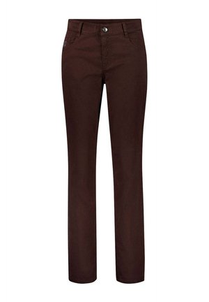 Braune Hose mit geradem Bein, vorderer Knopf- und Reißverschluss, Gürtelschlaufen und Vordertaschen vor einem schlichten weißen Hintergrund.
