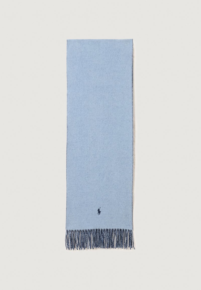 Light blue wool scarf with navy blue twisted fringe ends and small dark blue embroidered polo player logo near one fringe.
