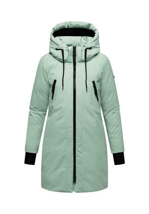 Parka verde menta con cappuccio, zip nera, due tasche frontali con zip, maniche lunghe e polsini neri. Tessuto liscio e design slanciato.