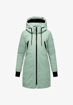 Parka verde menta con cappuccio, zip nera, due tasche frontali con zip, maniche lunghe e polsini neri. Tessuto liscio e design slanciato.