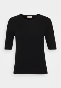 Top tricotat negru cu mânecă scurtă, guler rotund și margine ribbed la mâneci și la tiv. Textură netedă și siluetă ajustată.