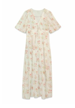 Robe midi blanche à imprimé floral rose et vert, manches courtes ballon, décolleté en V et taille cintrée.