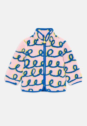 Fleece jacket in pink with blue and yellow swirl patterns. Features a high collar, front zipper, and blue trim along cuffs and hem.