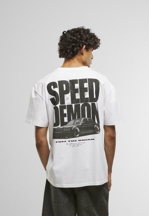 White cotton T-shirt featuring a large black graphic print on the back with the words "SPEED DEMON" and an illustration of a car.