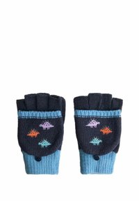 Punos nešuplje rukavice u tamnoplavoj boji s svijetloplavim trakama. Imaju šarene uzorke dinosaura i detalj gumba na manžetni.