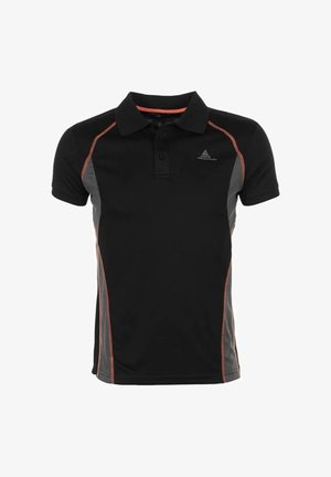 Zwart poloshirt met korte mouwen, grijze zijpanelen, oranje stiksels, drieknopenbies en klein logo op de linkerborst.