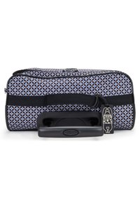 Rolling bag with a geometric navy and white pattern, black accents, dual handles, and a tag featuring a cartoon character.