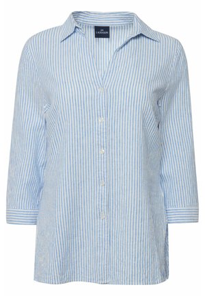 Camicia button-up a righe blu e bianche con colletto, maniche tre quarti e vestibilità rilassata. Realizzata in tessuto leggero.