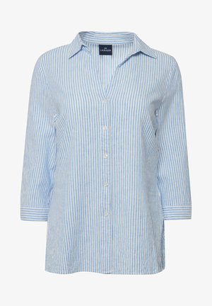 Camicia button-up a righe blu e bianche con colletto, maniche tre quarti e vestibilità rilassata. Realizzata in tessuto leggero.