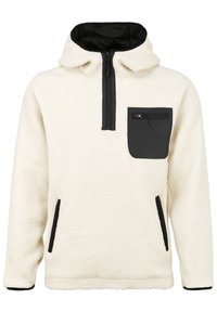 Witte fleece trui met een zwart met rits gesloten borstzak, zijzakken en een contrasterende zwarte rits. Voorzien van een capuchon en een opvallende textuur.
