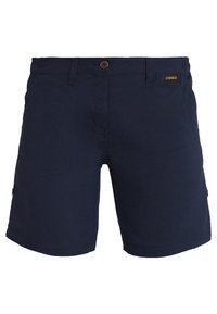Mörkblå shorts gjorda av ett ventilerande tyg, med knappstängning fram, sidofickor och en liten UVSHIELD-tagg på midjebandet.