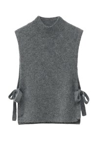 Gray sleeveless knit turtleneck with side ties. Features a soft texture and a relaxed fit, designed for layering in cooler weather.