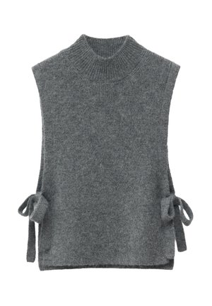 Grauer ärmelloser Pullover mit hohem Hals, seitlichen Bindungen und weicher Textur. Verfügt über eine lockere Form und minimalistisches Design.