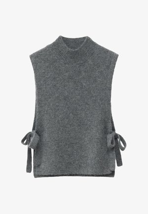 Grauer ärmelloser Pullover mit hohem Hals, seitlichen Bindungen und weicher Textur. Verfügt über eine lockere Form und minimalistisches Design.